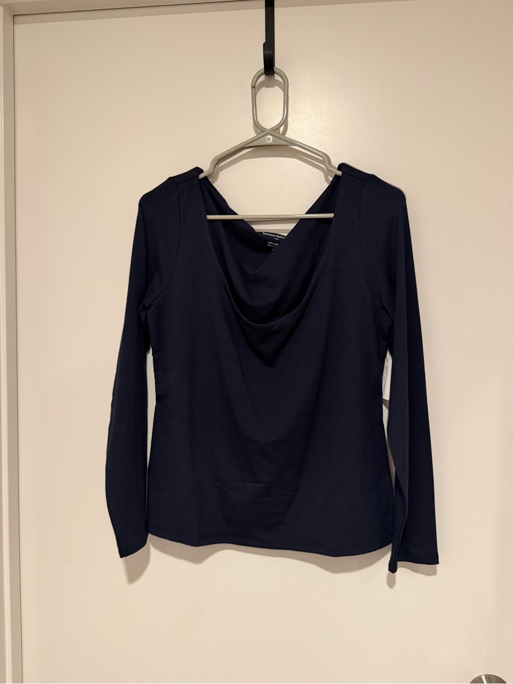 Banana Republic Navy Draped Cowl Neck Long-Sleeve Top